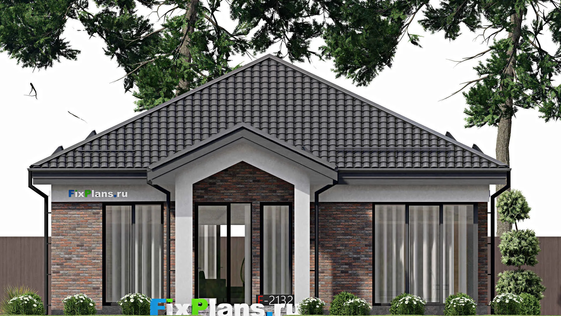 F-2132 - Проект одноэтажного дома 12 на 12, площадью 110 м² с террасой и 2 спальнями