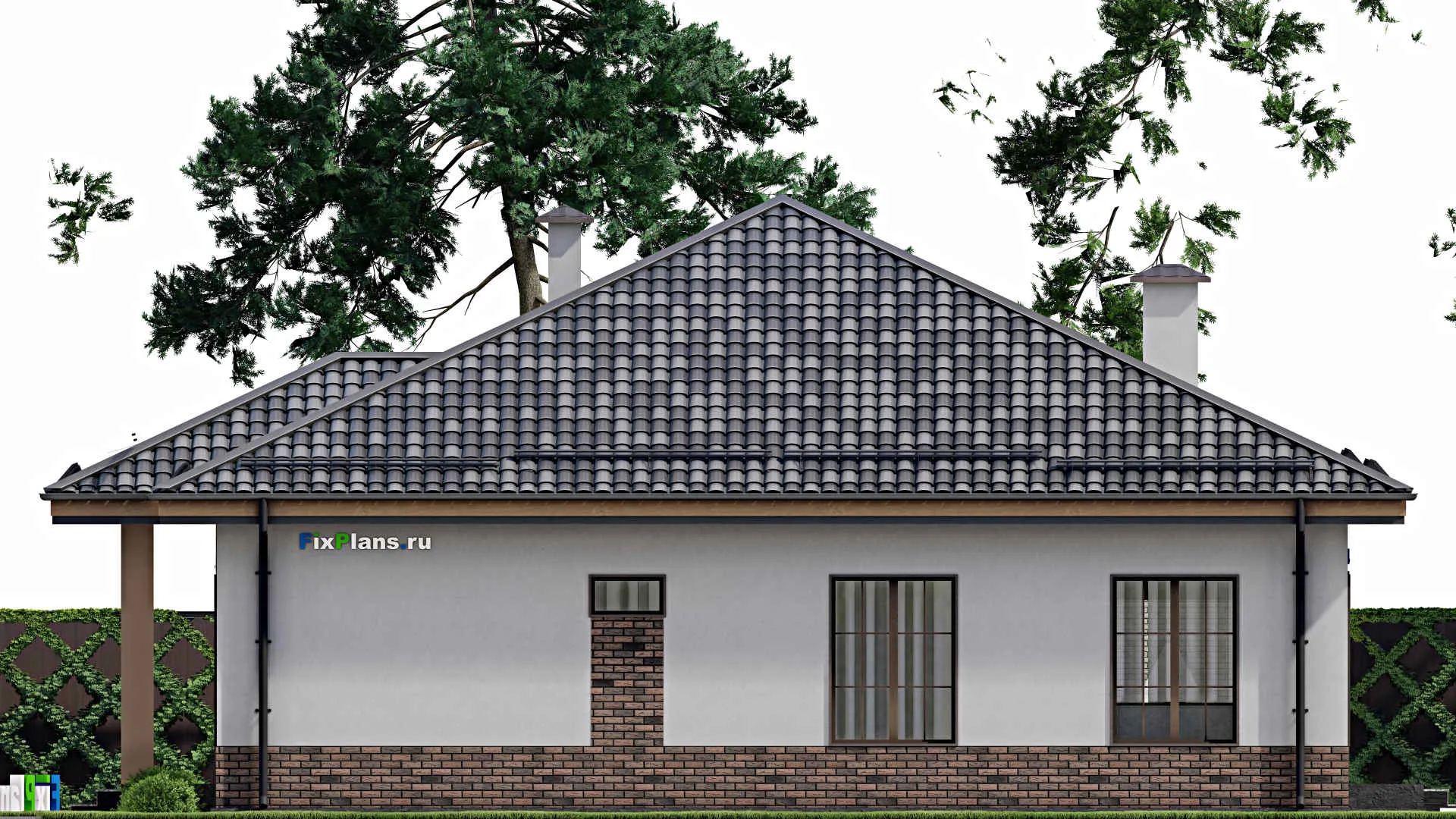 F-8981 - Проект одноэтажного дома 14 на 16, площадью 210 м² с террасой, цокольным этажом и 4 спальнями