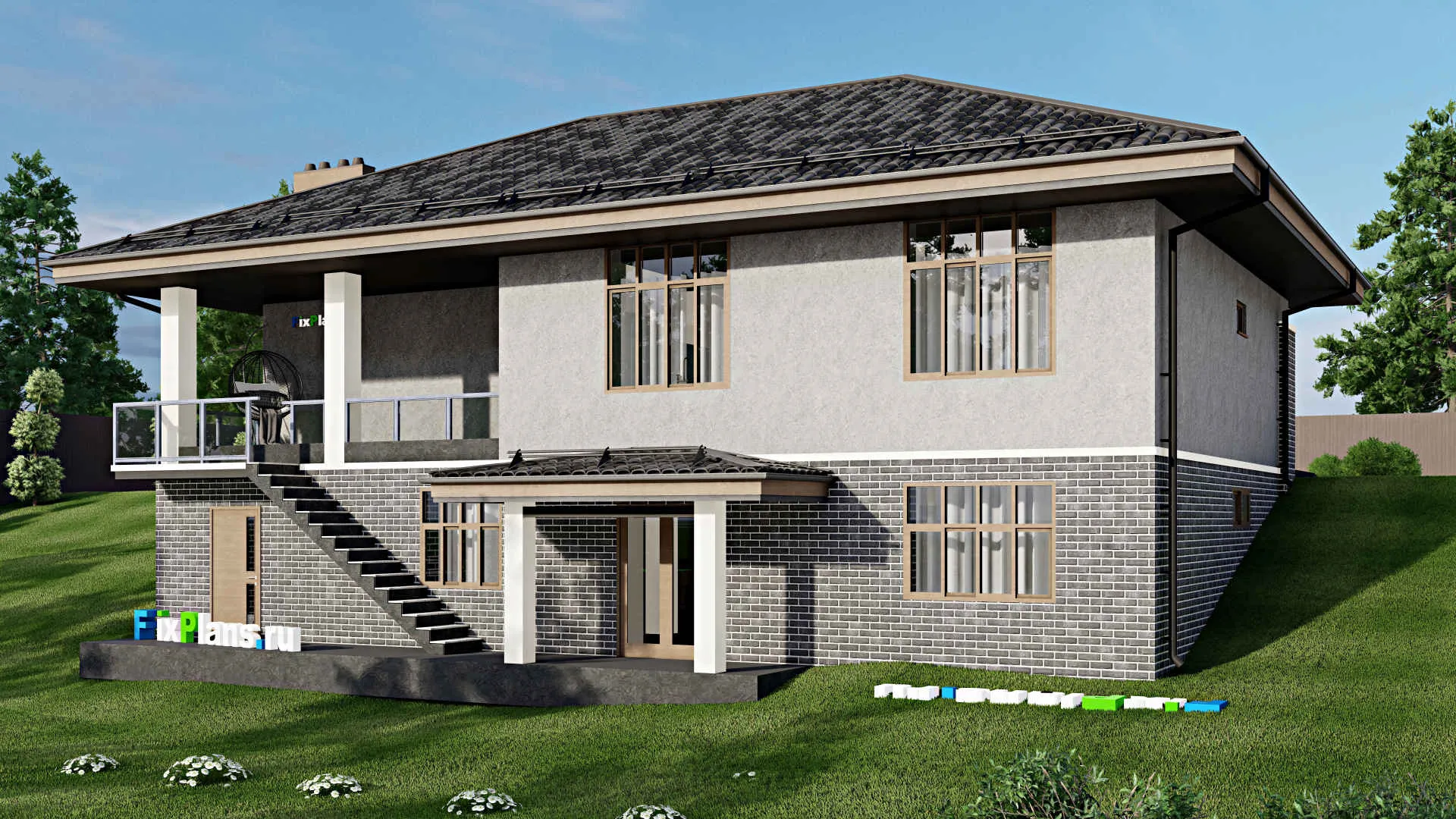 F-3122 - Проект одноэтажного дома 12 на 17, площадью 330 м² с террасой, цокольным этажом, баней, гаражом на 1 машину и 3 спальнями