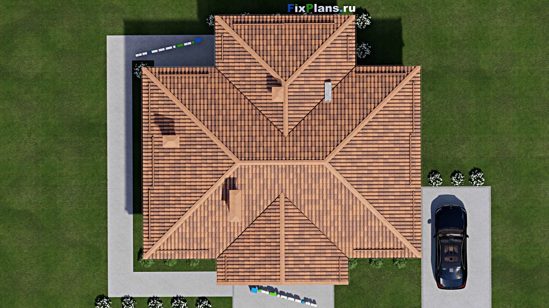 F-11078 - Проект одноэтажного дома 15 на 16, площадью 140 м² с террасой и 3 спальнями