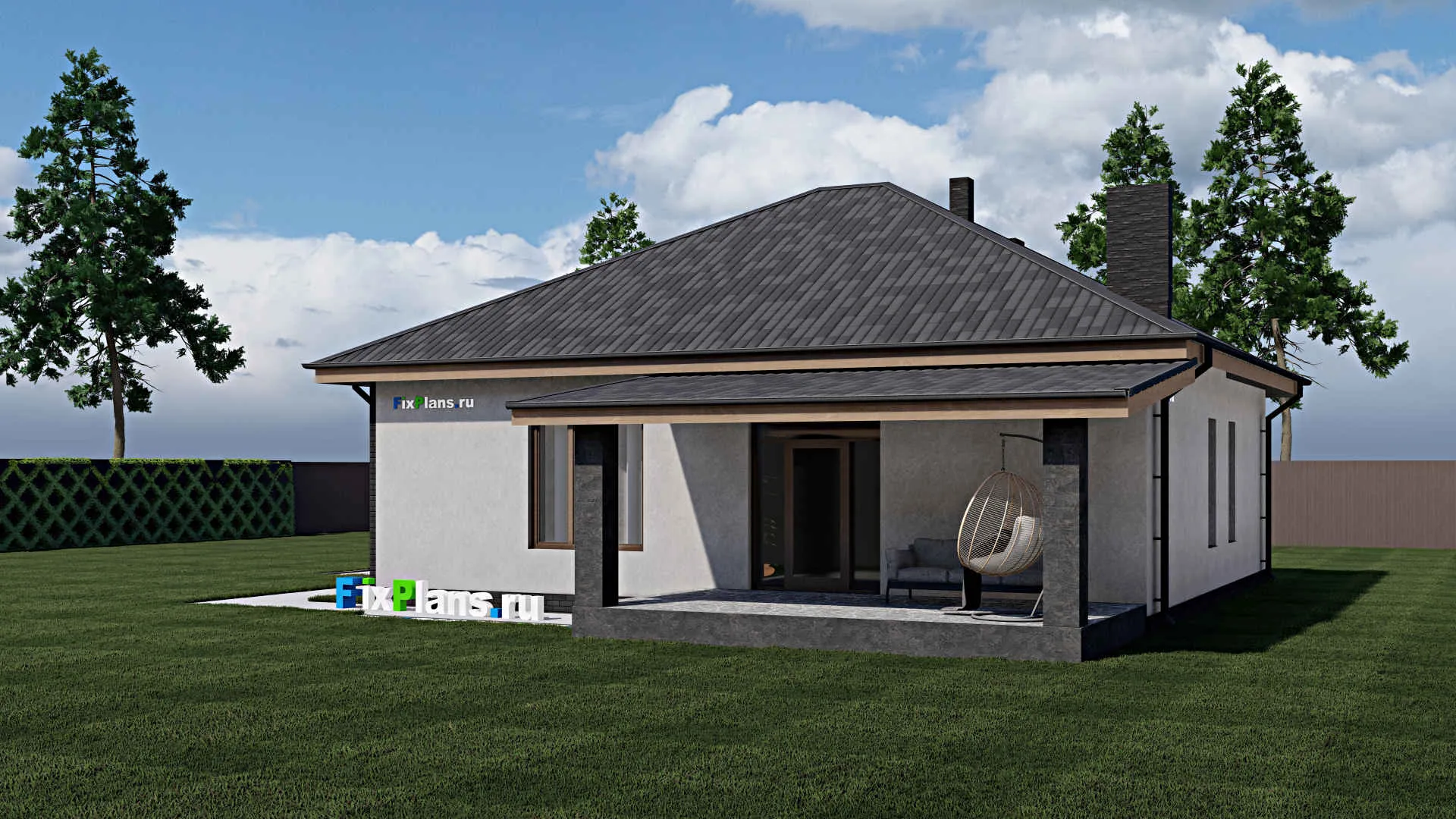 F-1349 - Проект одноэтажного дома 11 на 13, площадью 140 м² с террасой и 3 спальнями