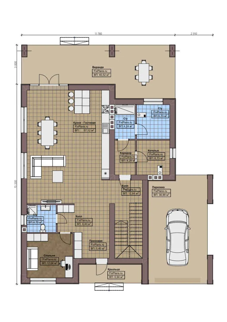 F-1124 - Планы двухэтажного дома 12 на 16, площадью 330 м² с террасой, балконом и 5 спальнями