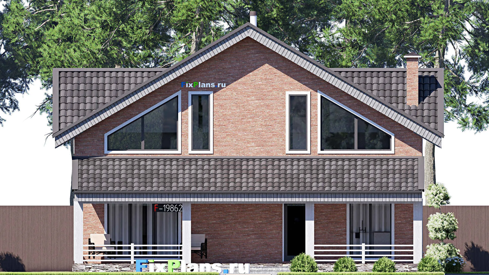 F-19862 - Проект дома с мансардой 12 на 12, площадью 200 м² с террасой и 6 спальнями