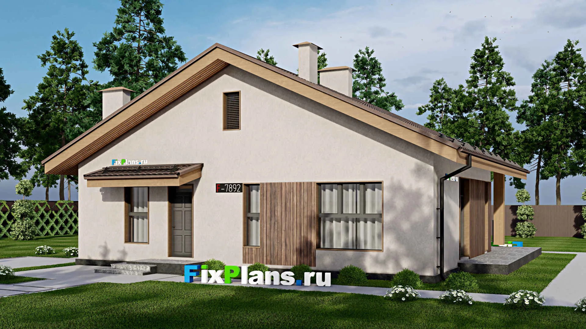 F-7892 - Проект одноэтажного дома 13 на 13, площадью 150 м² с террасой и 3 спальнями