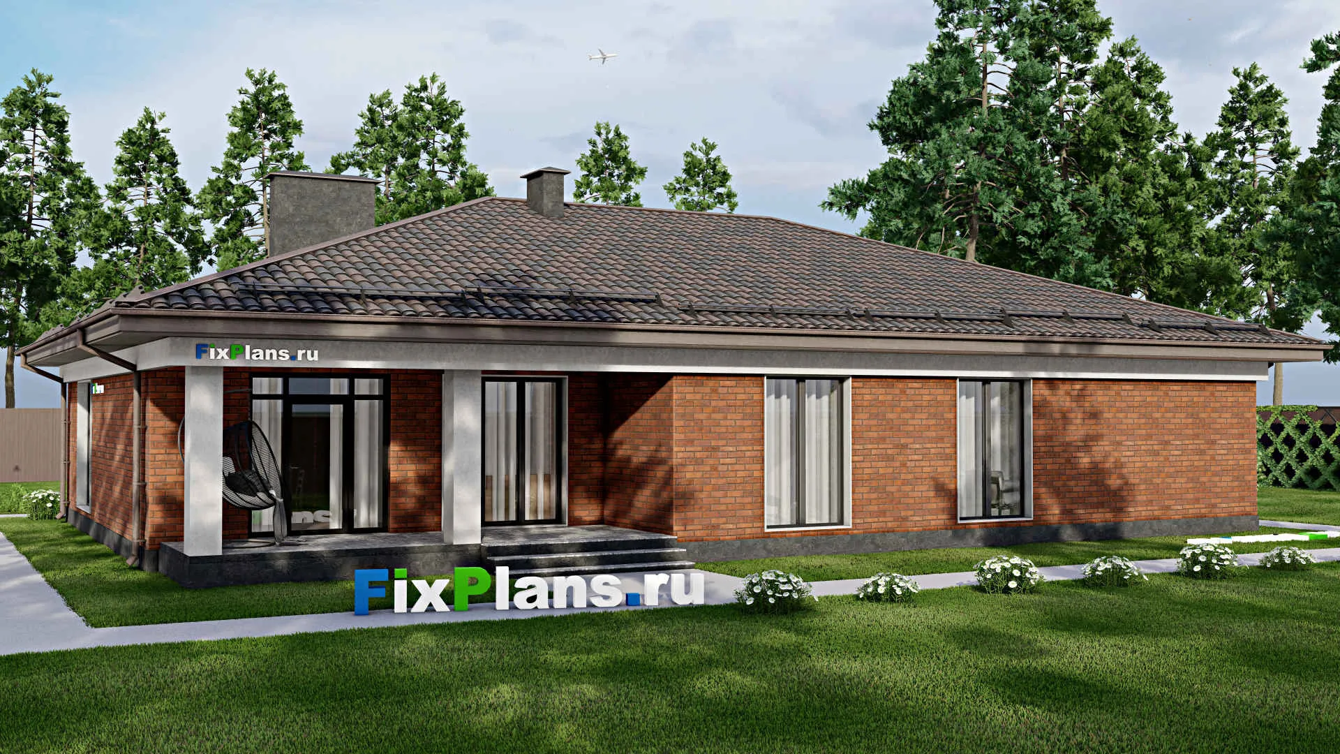 F-6947 - Проект одноэтажного дома 14 на 20, площадью 200 м² с террасой, гаражом на 2 машины и 3 спальнями