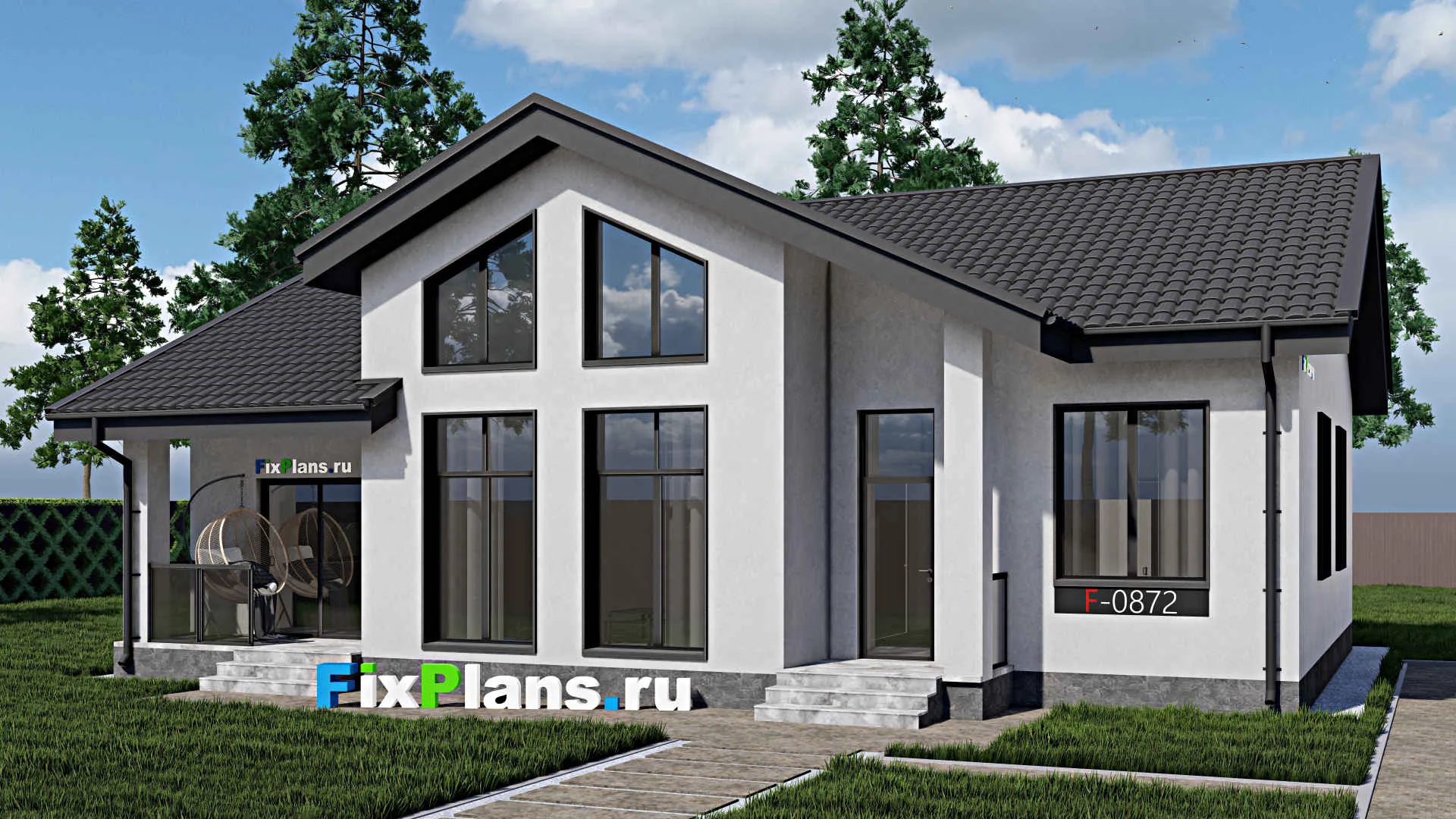 F-0872i - Проект одноэтажного дома 12 на 15, площадью 130 м² с террасой и 3 спальнями