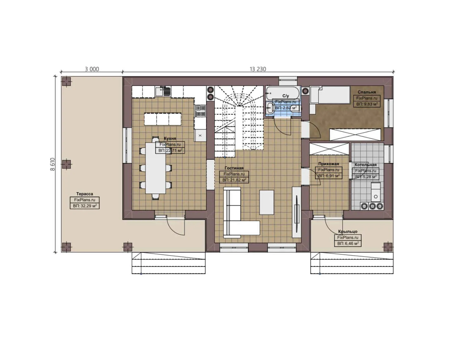 F-2564 - Планы дома с мансардой 9 на 14, площадью 170 м² с террасой и 3 спальнями