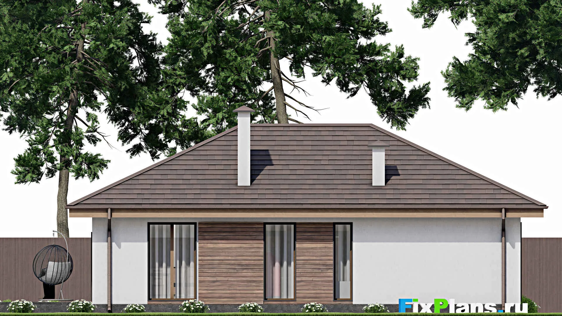 F-10610 - План одноэтажного дома 11 на 17, площадью 130 м² с террасой и 2 спальнями