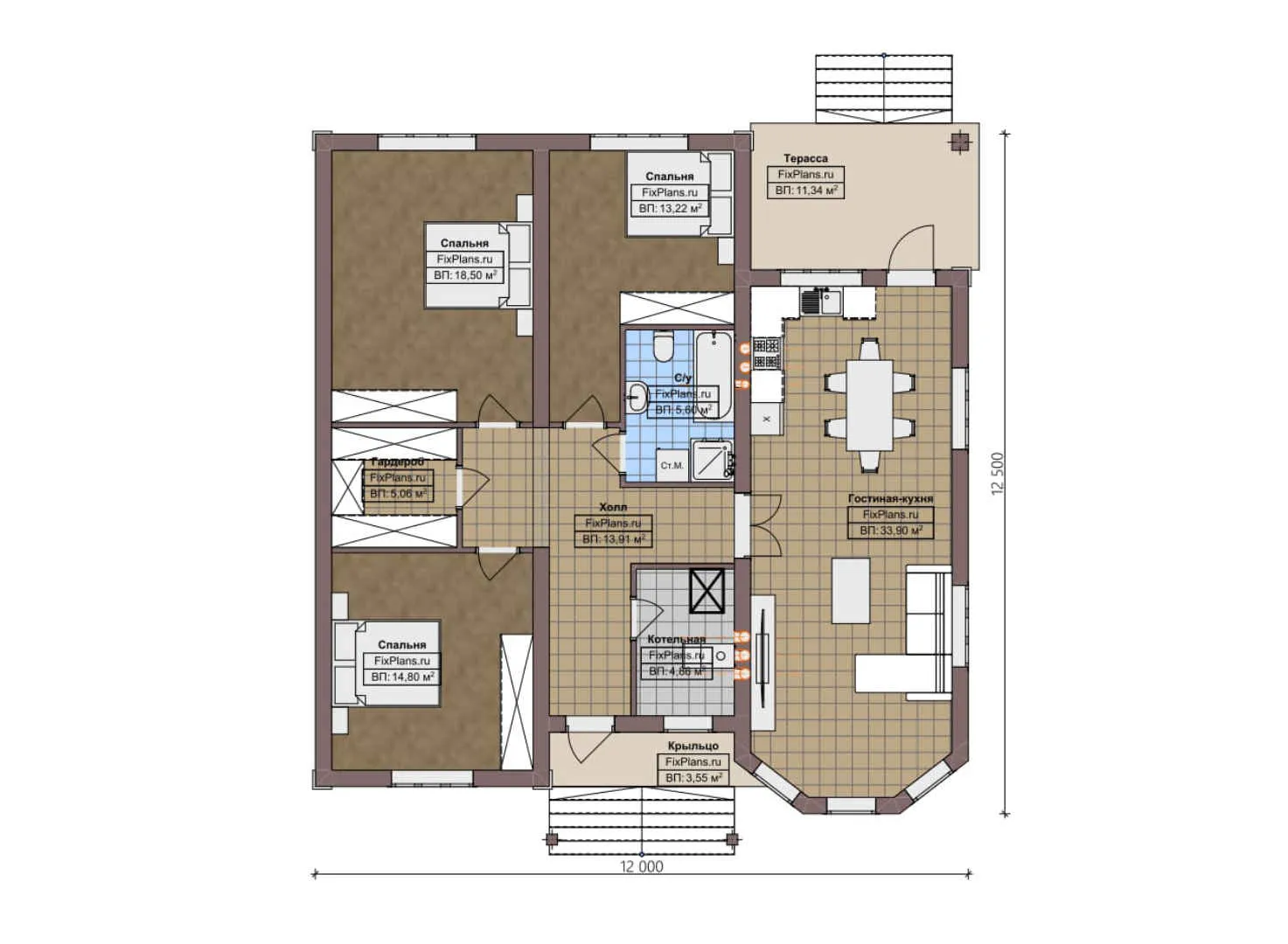 F-4715 - План одноэтажного дома 12 на 13, площадью 130 м² с террасой и 3 спальнями