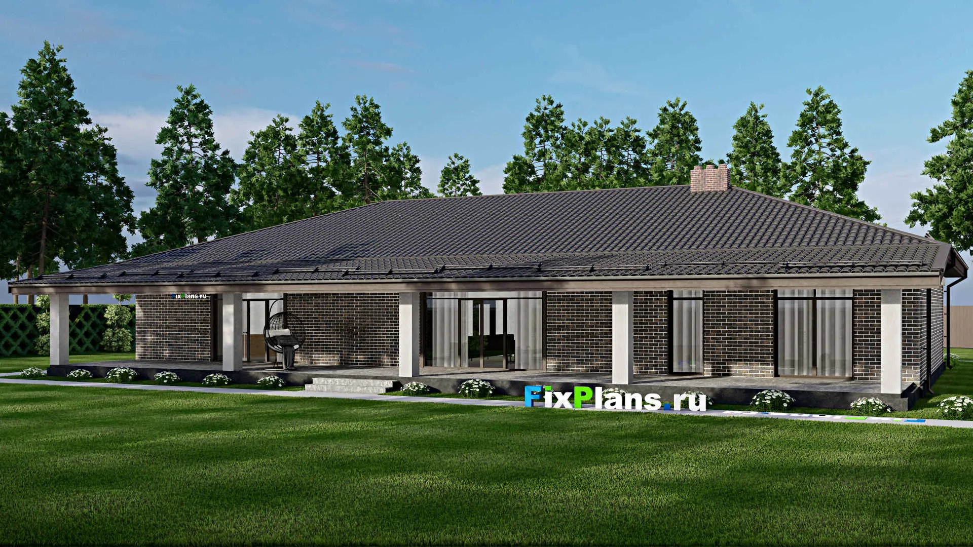 F-4364 - Проект одноэтажного дома 20 на 26, площадью 440 м² с террасой, баней, гаражом на 2 машины и 3 спальнями