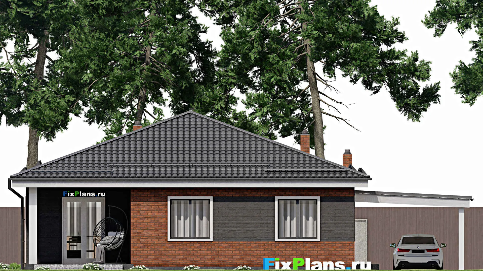 F-3509 - Проект одноэтажного дома 12 на 12, площадью 150 м² с террасой, баней и 2 спальнями