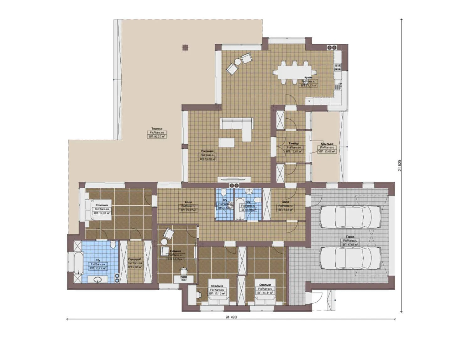 F-15713 - План одноэтажного дома 22 на 25, площадью 360 м² с 3 спальнями