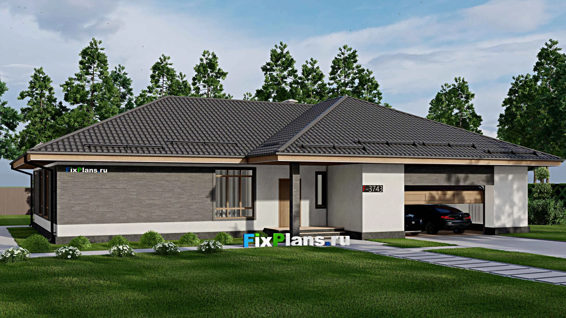 F-3743 - Проект одноэтажного дома 16 на 22, площадью 250 м² с террасой, гаражом на 2 машины и 4 спальнями