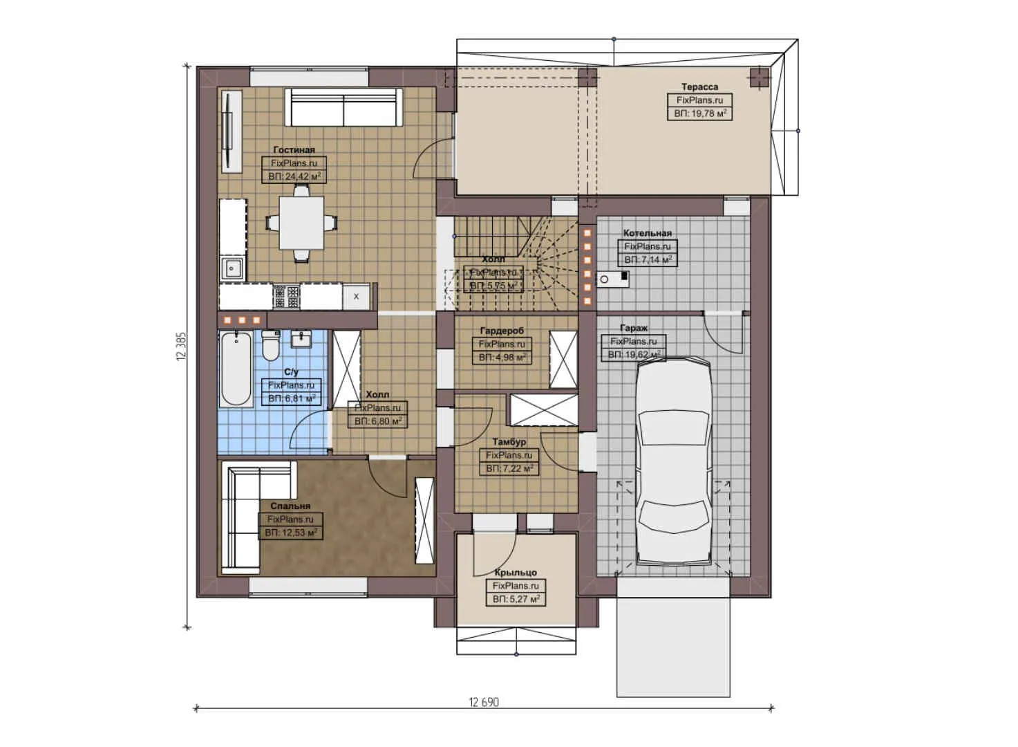 F-5372 - Планы дома с мансардой 13 на 13, площадью 200 м² с террасой, балконом, гаражом на 1 машину и 5 спальнями