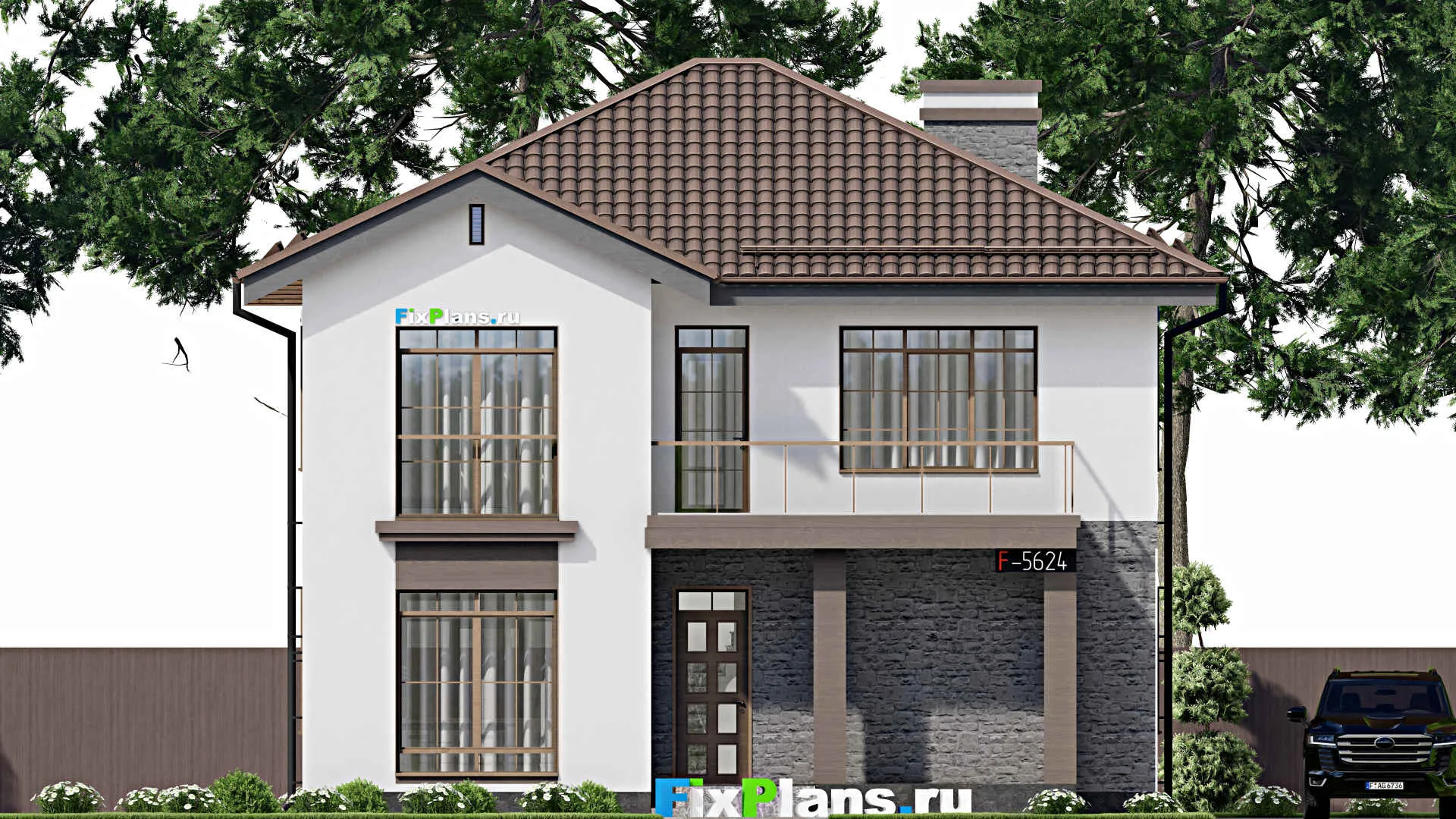 F-5624 - Проект двухэтажного дома 11 на 14, площадью 200 м² с террасой, балконом и 4 спальнями