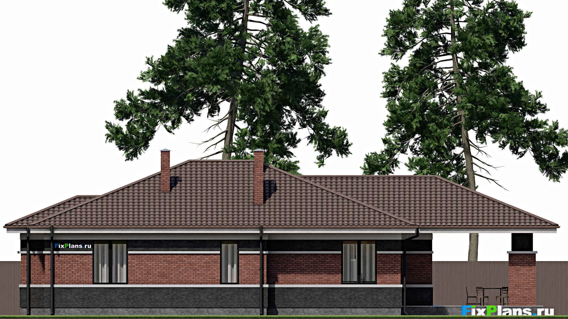 F-0575 - Проект одноэтажного дома 15 на 18, площадью 220 м² с террасой и 3 спальнями