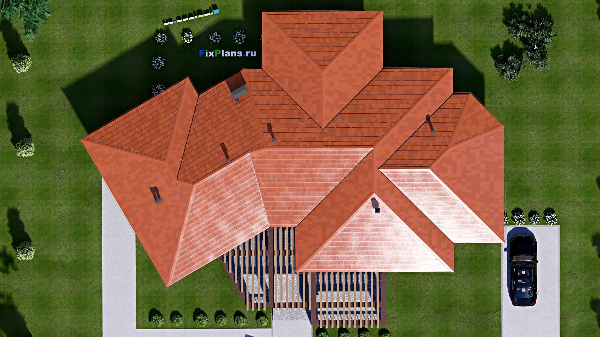 F-15209 - Проект одноэтажного дома 22 на 28, площадью 300 м² с террасой и 4 спальнями