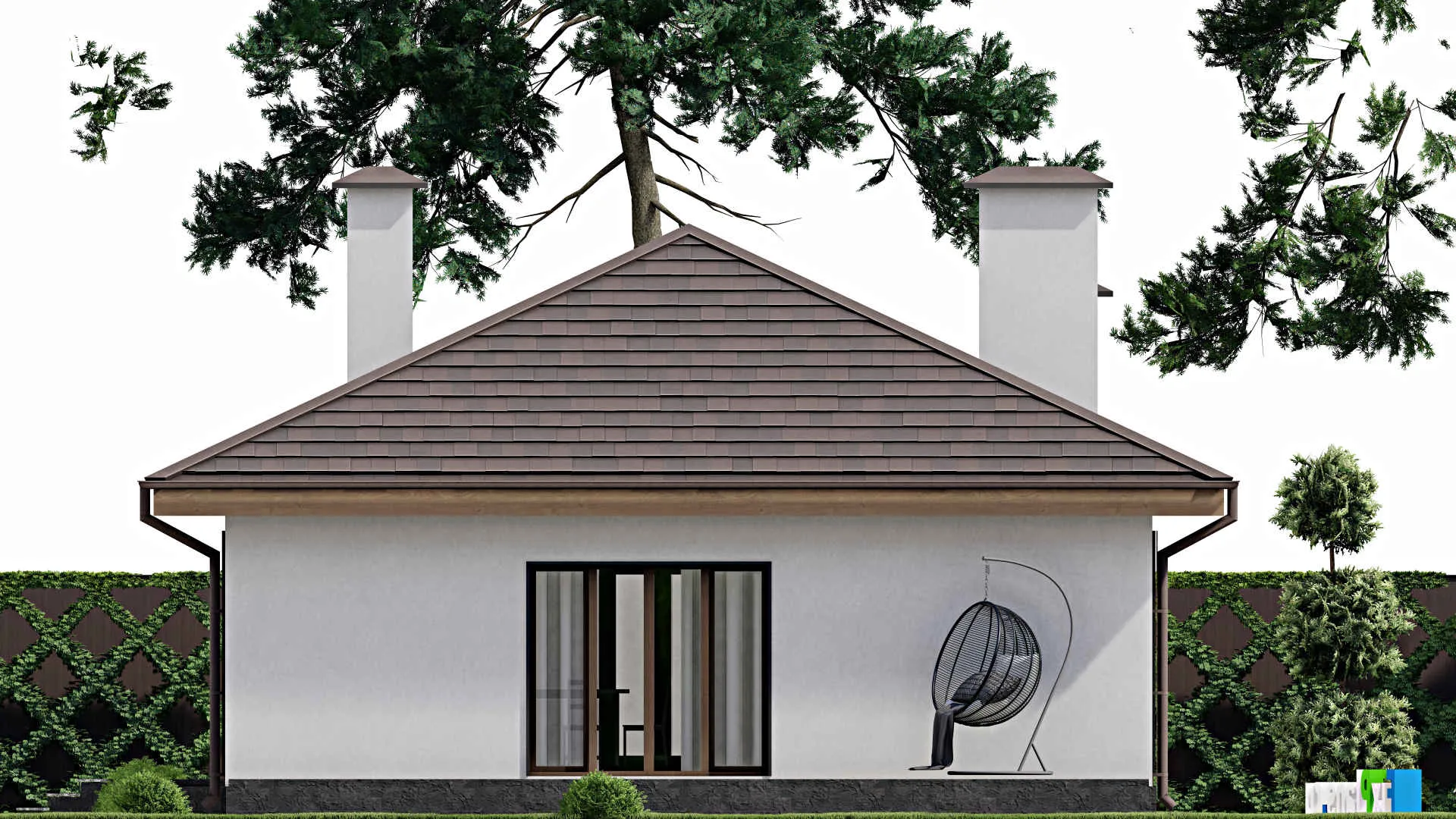 F-10610 - План одноэтажного дома 11 на 17, площадью 130 м² с террасой и 2 спальнями