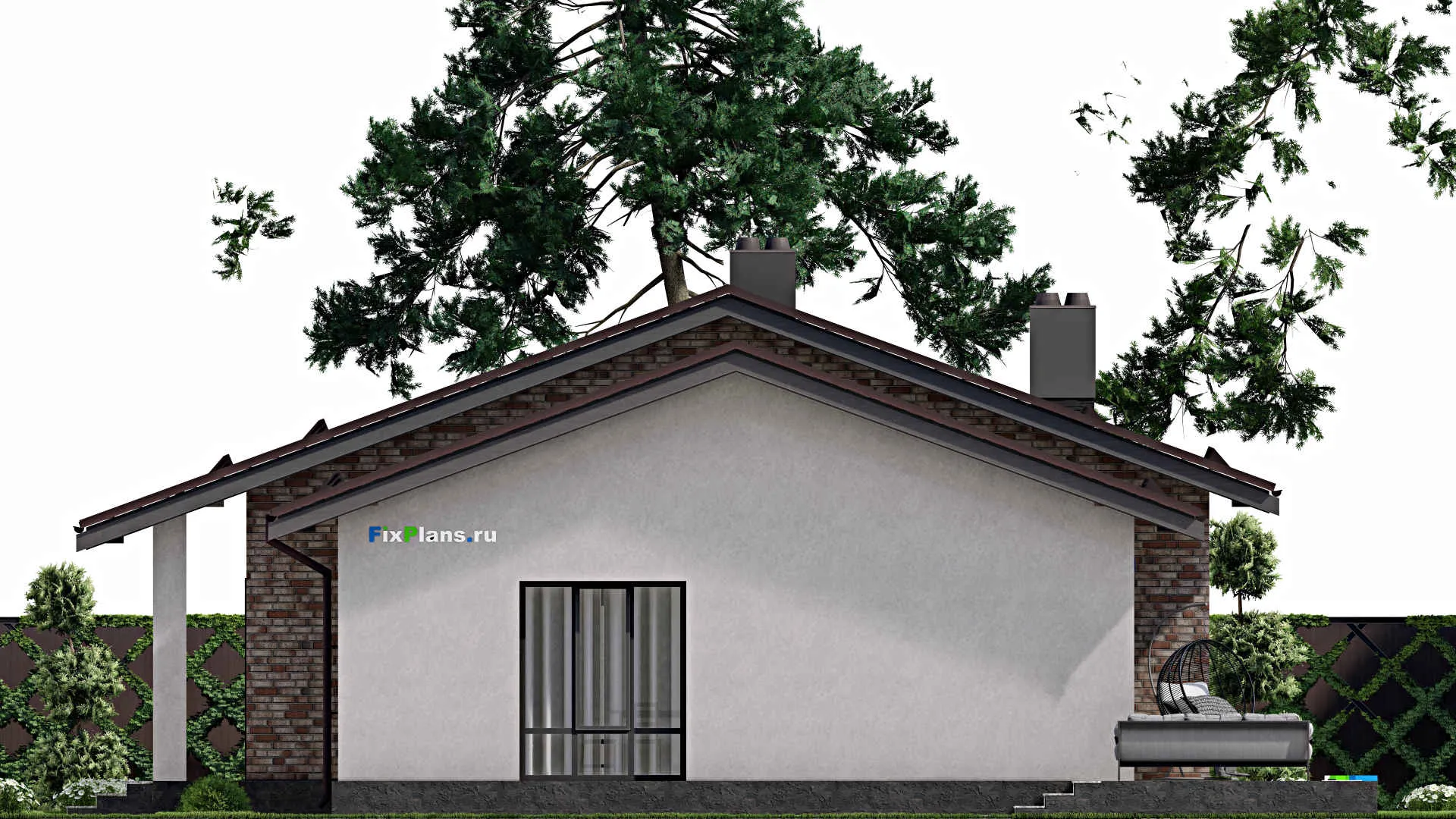 F-2060 - Проект одноэтажного дома 12 на 17, площадью 160 м² с террасой, гаражом на 1 машину и 3 спальнями