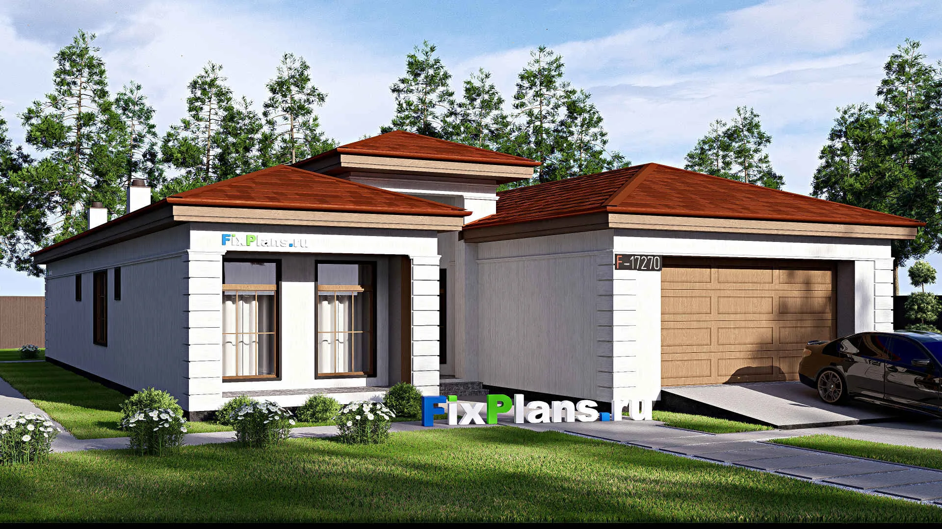F-17270 - Проект одноэтажного дома 15 на 24, площадью 240 м² с террасой, гаражом на 2 машины и 4 спальнями
