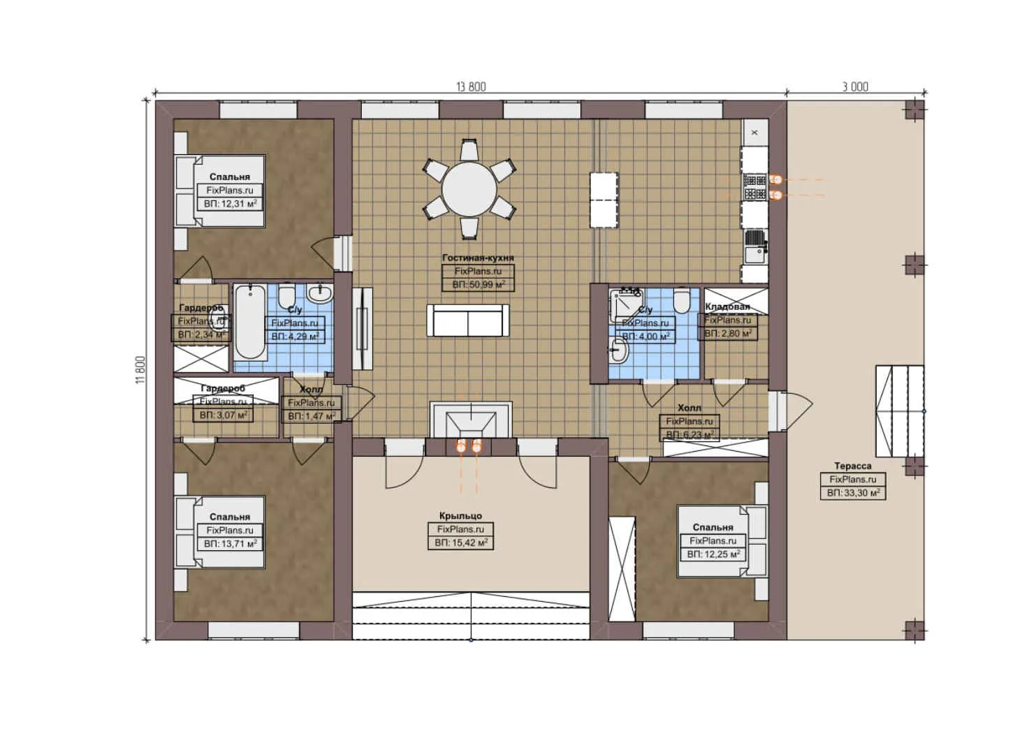 F-5093 - План одноэтажного дома 12 на 14, площадью 170 м² с террасой и 3 спальнями