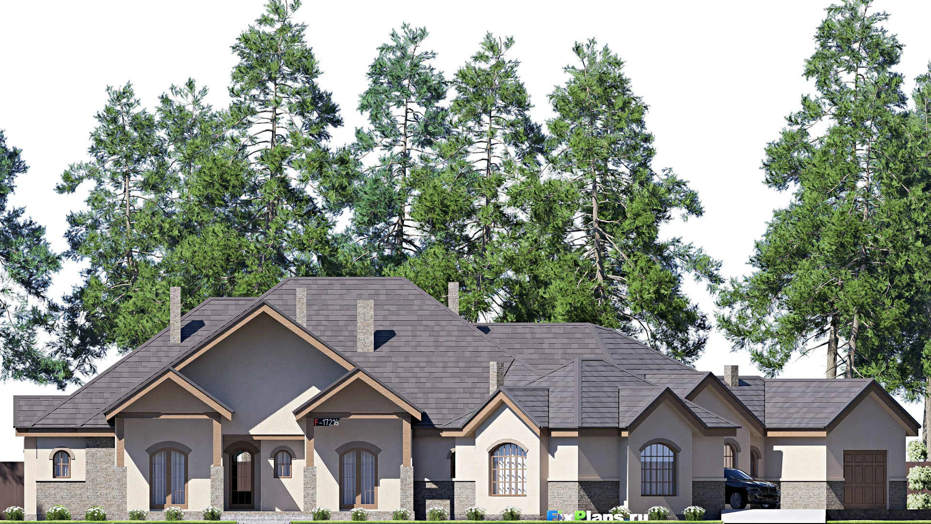 F-17216 - Проект одноэтажного дома 26 на 35, площадью 460 м² с террасой, гаражом на 2 машины и 3 спальнями