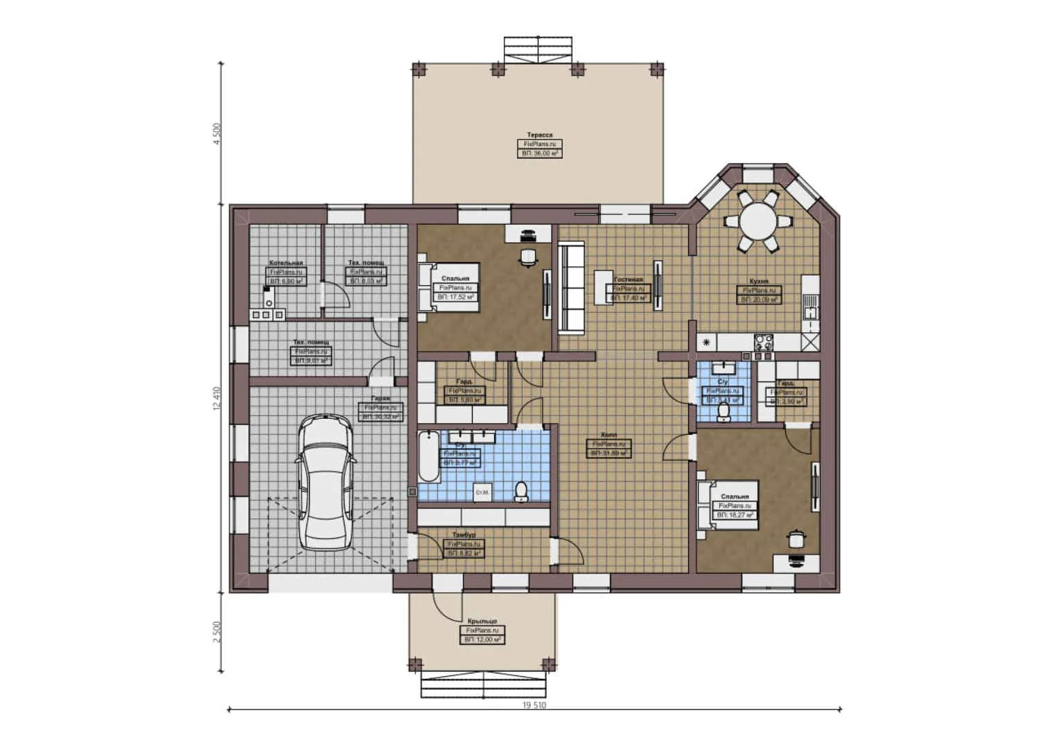 F-1358 - План одноэтажного дома 13 на 20, площадью 240 м² с террасой, гаражом на 1 машину и 2 спальнями