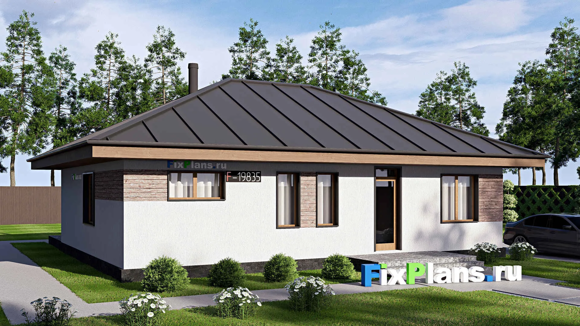 F-19835 - Проект одноэтажного дома 13 на 14, площадью 140 м² с террасой и 3 спальнями