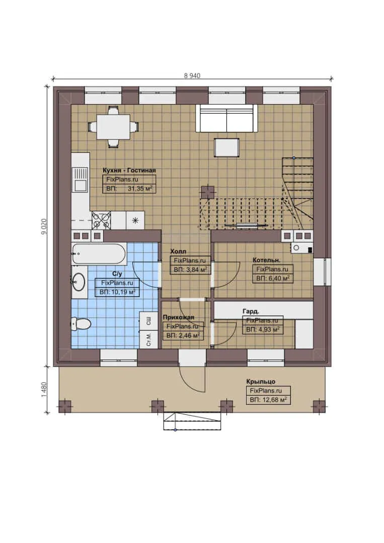 F-1340 - Планы дома с мансардой 9 на 10, площадью 140 м² с балконом и 3 спальнями
