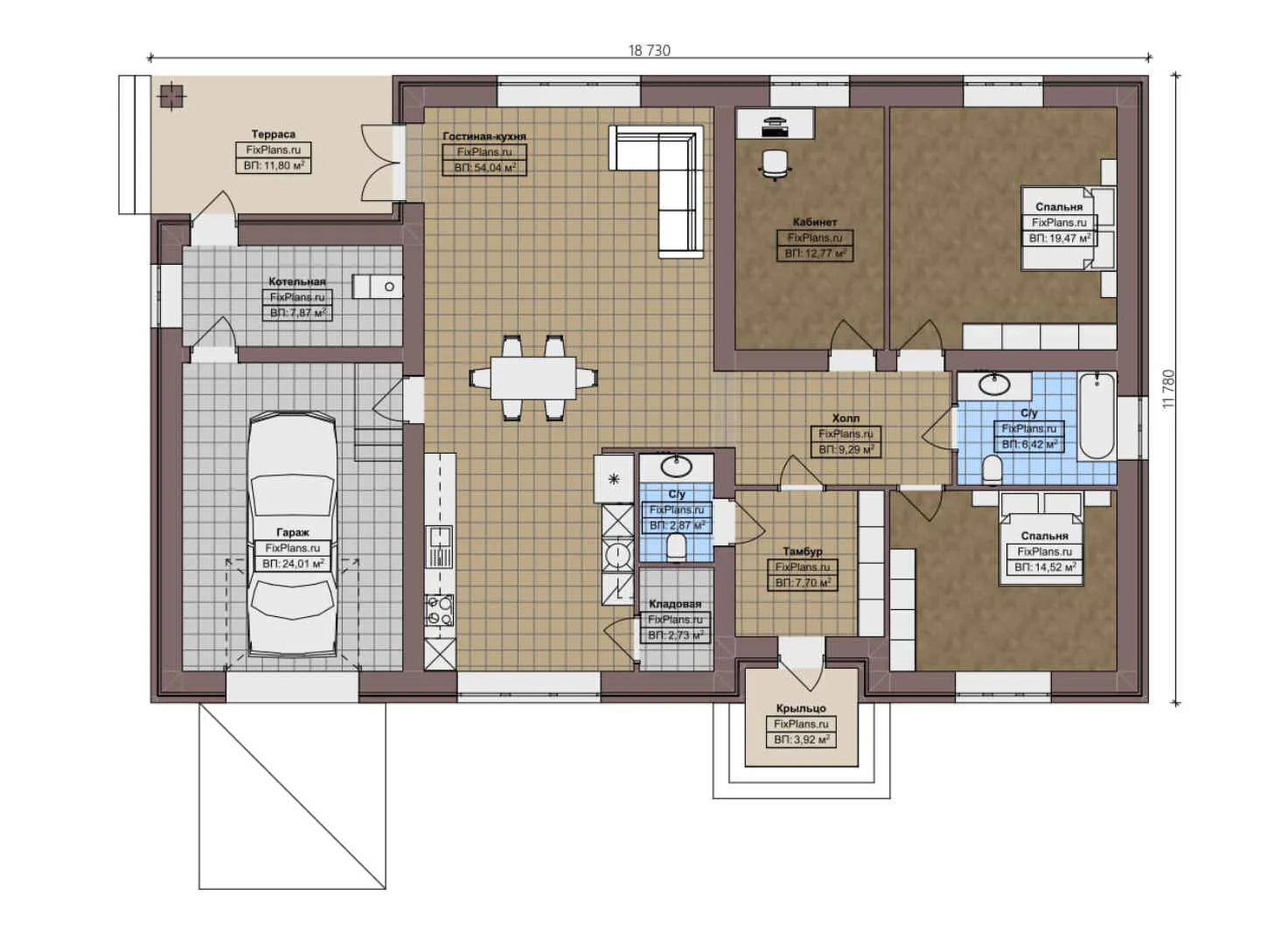 F-1844 - План одноэтажного дома 12 на 19, площадью 180 м² с террасой, гаражом на 1 машину и 2 спальнями