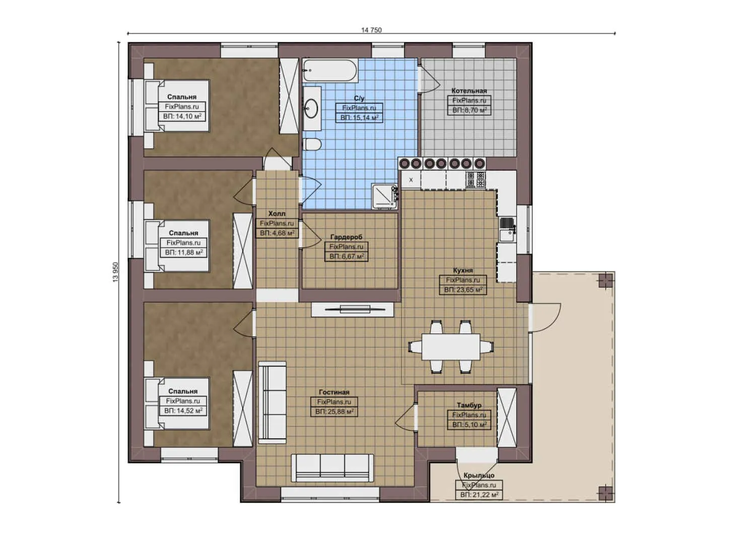 F-8315 - План одноэтажного дома 14 на 15, площадью 160 м² с 3 спальнями