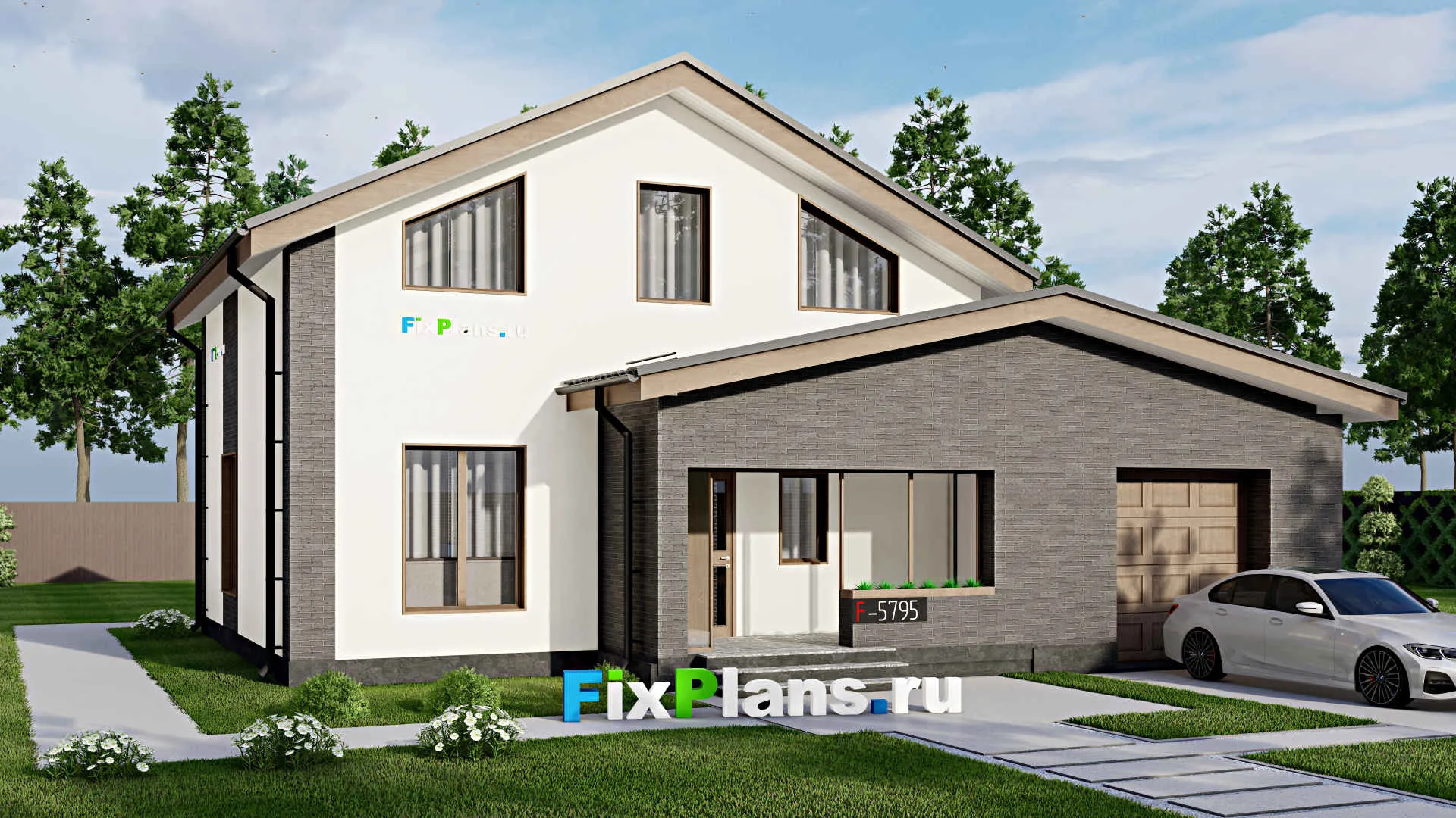 F-5795 - Проект дома с мансардой 11 на 14, площадью 150 м² с гаражом на 1 машину и 3 спальнями