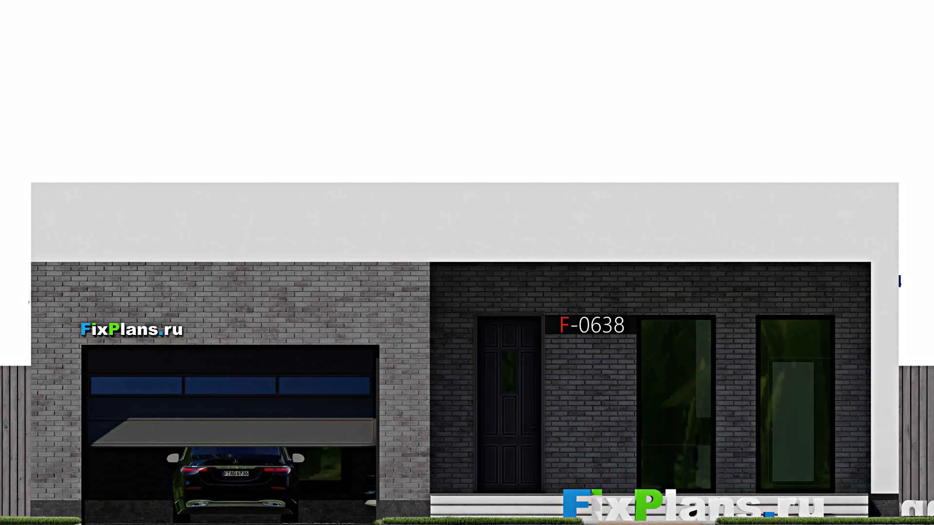 F-0638 - Проект одноэтажного дома 14 на 32, площадью 320 м² с террасой, гаражом на 1 машину и 3 спальнями