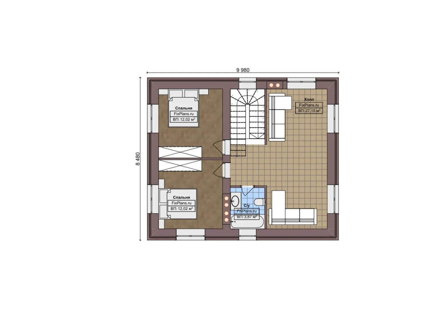 F-6191 - Планы двухэтажного дома 9 на 10, площадью 210 м² с террасой, цокольным этажом и 3 спальнями