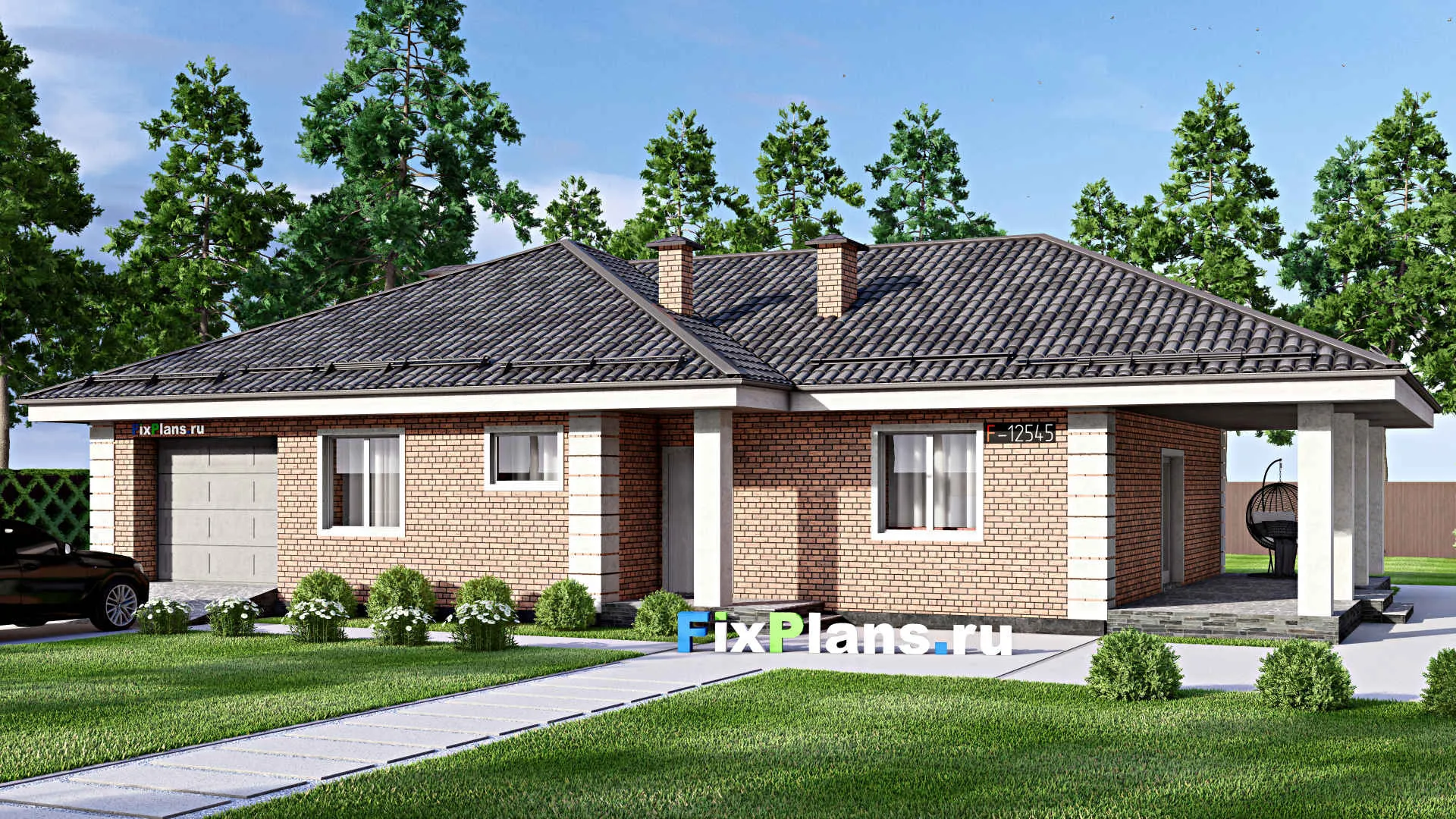 F-12545 - Проект одноэтажного дома 12 на 20, площадью 180 м² с террасой, гаражом на 1 машину и 3 спальнями