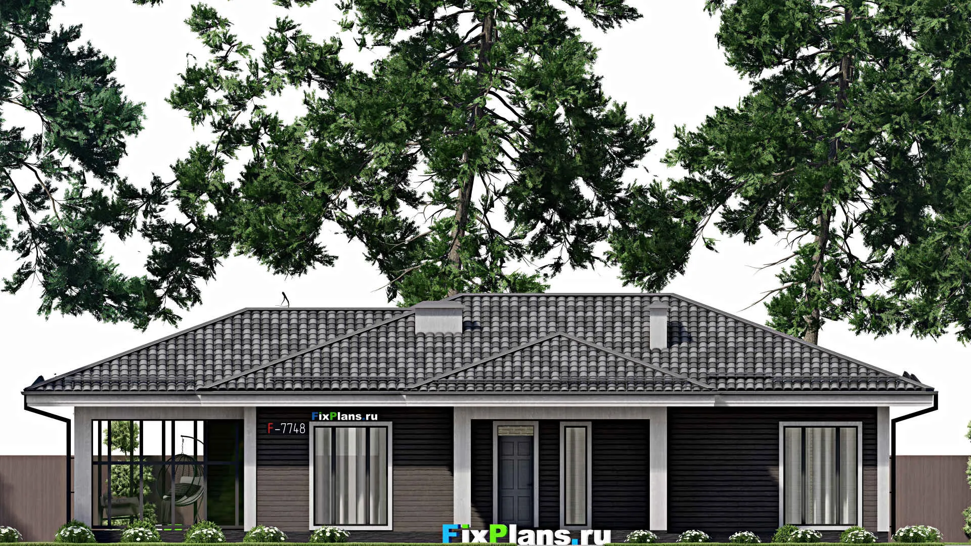 F-7748 - Проект одноэтажного дома 12 на 19, площадью 160 м² с террасой и 3 спальнями