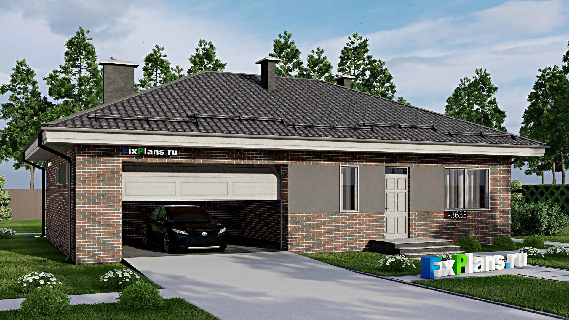 F-3635 - Проект одноэтажного дома 11 на 16, площадью 130 м² с гаражом на 2 машины и 2 спальнями