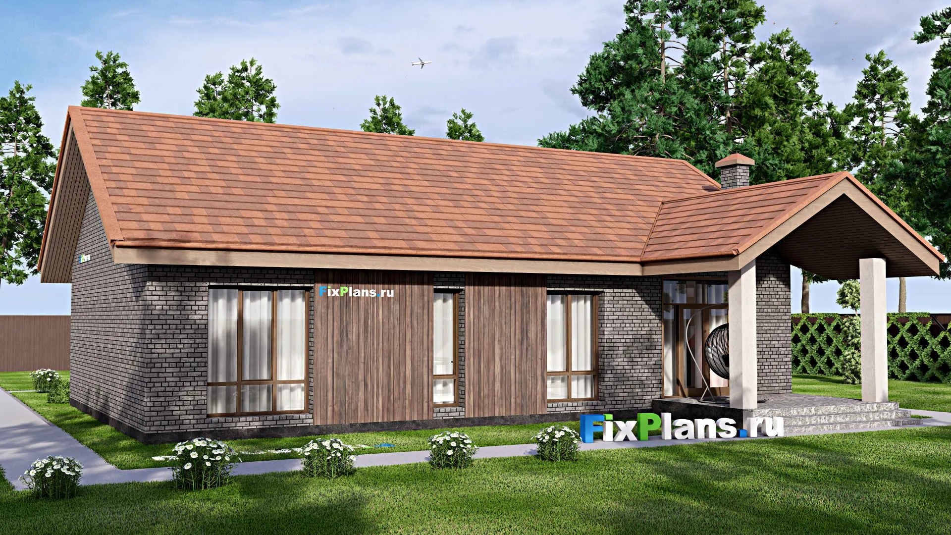 F-14390 - Проект одноэтажного дома 14 на 16, площадью 130 м² с террасой и 3 спальнями