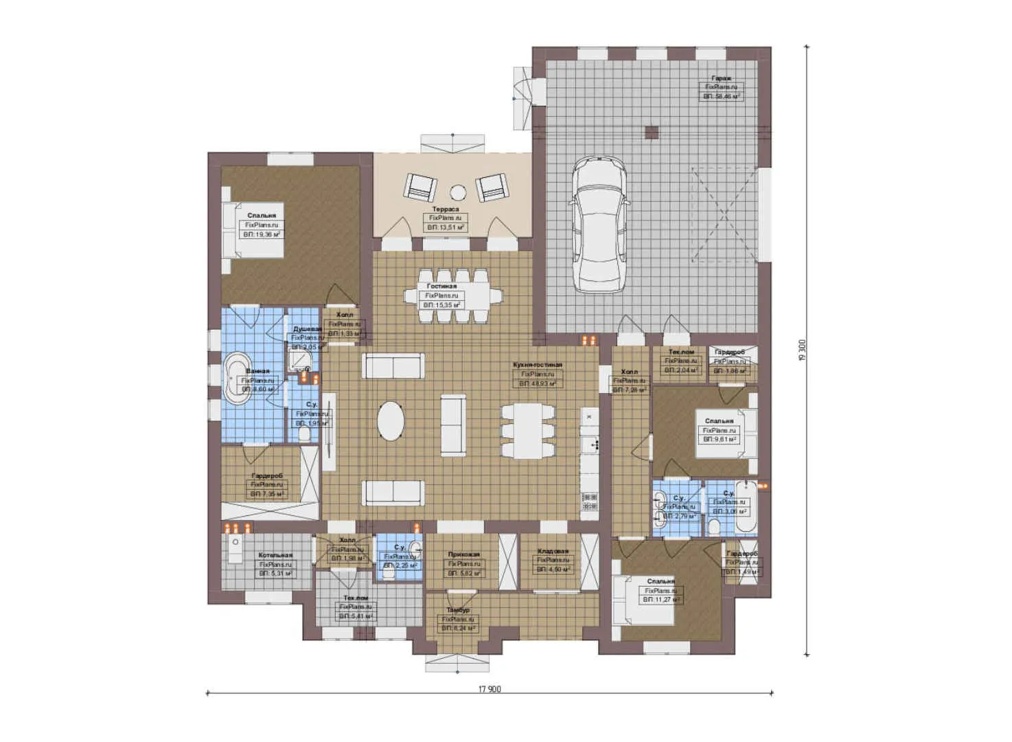 F-19871 - План одноэтажного дома 18 на 20, площадью 250 м² с террасой, гаражом на 2 машины и 3 спальнями