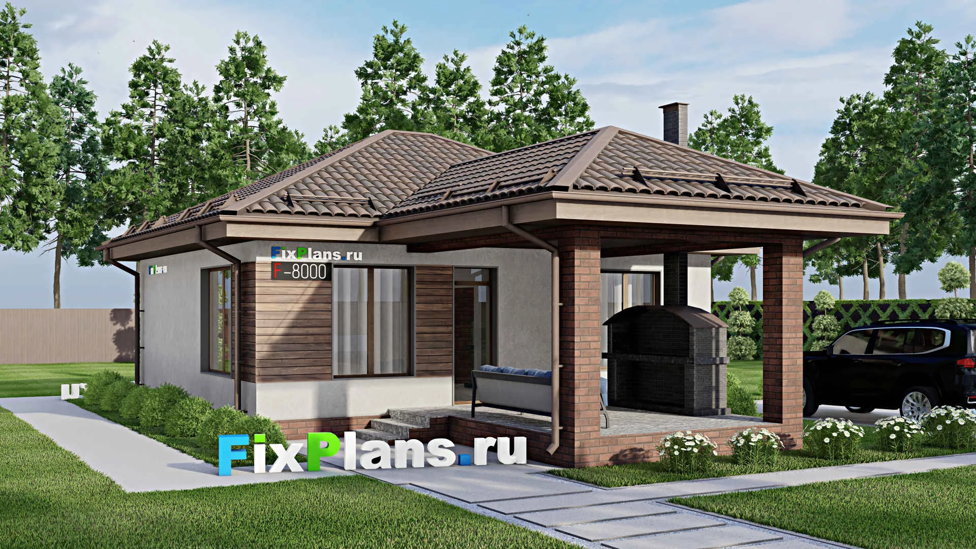 F-8000 - Проект бани 9 на 10, площадью 80 м² с комнатой отдыха, терассой и 2 санузлами