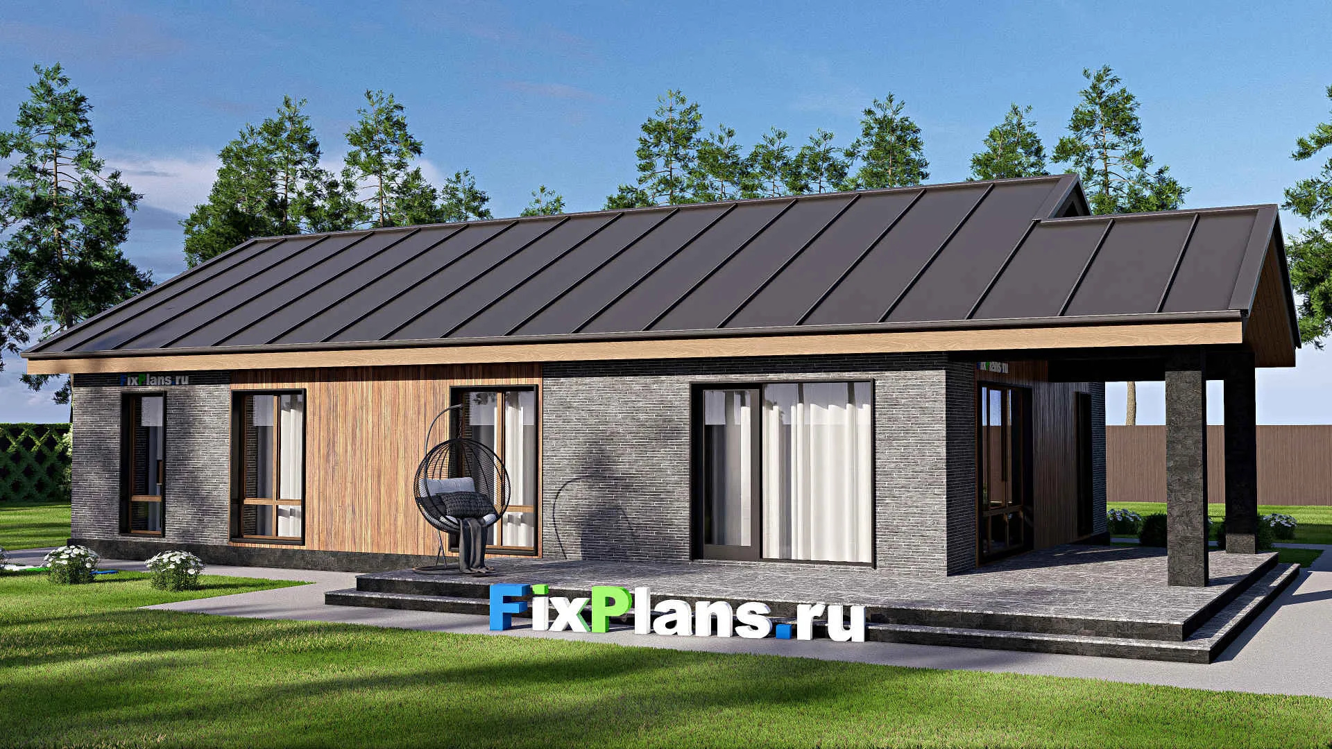 F-19169 - Проект одноэтажного дома 15 на 19, площадью 170 м² с террасой и 3 спальнями