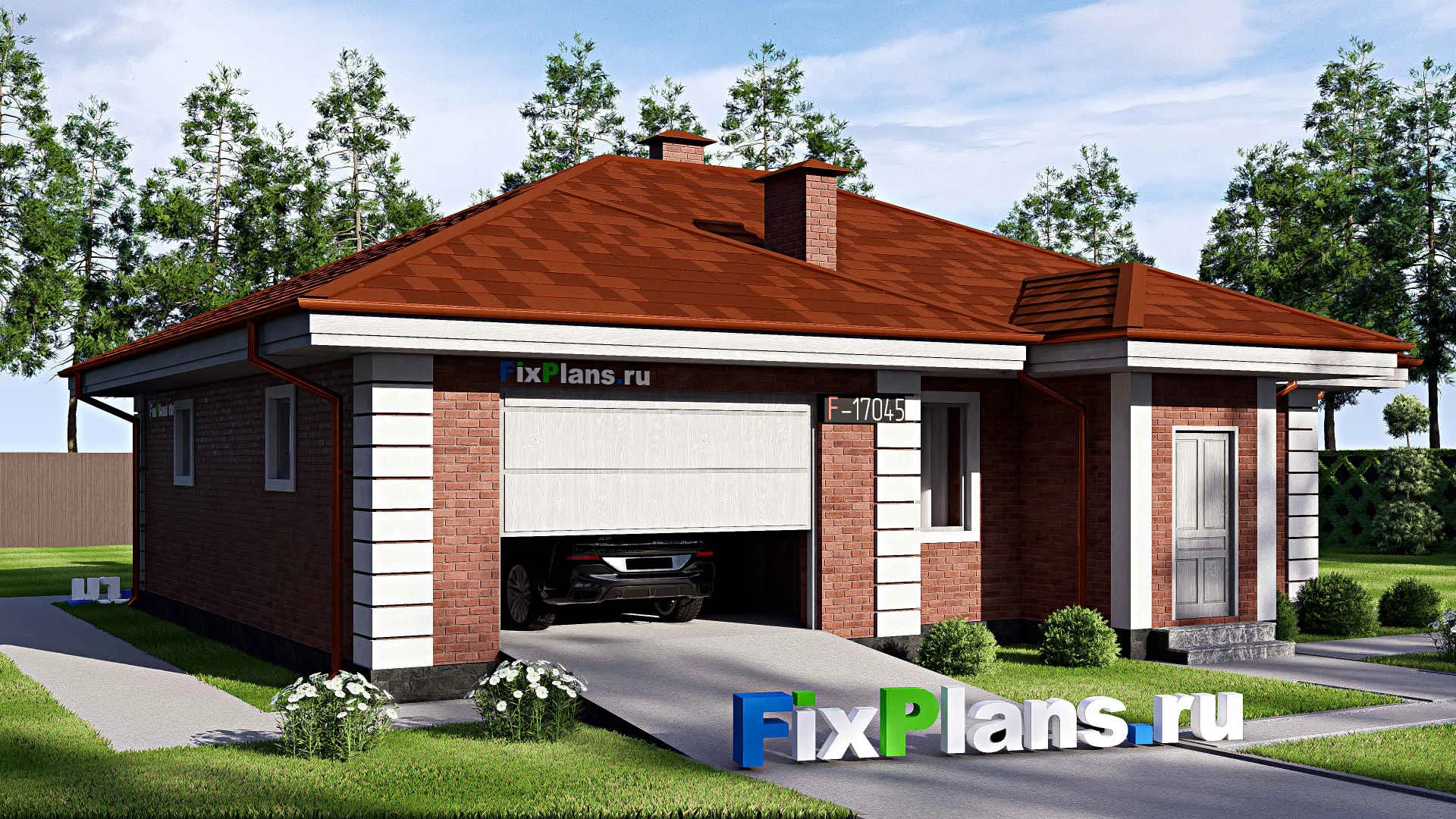 F-17045 - Проект одноэтажного дома 12 на 13, площадью 120 м² с гаражом на 2 машины и 2 спальнями