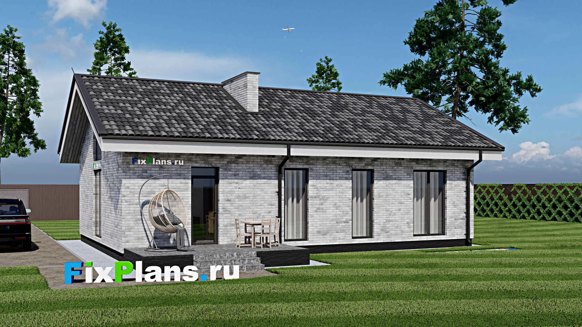 F-1214 - Проект одноэтажного дома 9 на 13, площадью 110 м² с террасой и 3 спальнями