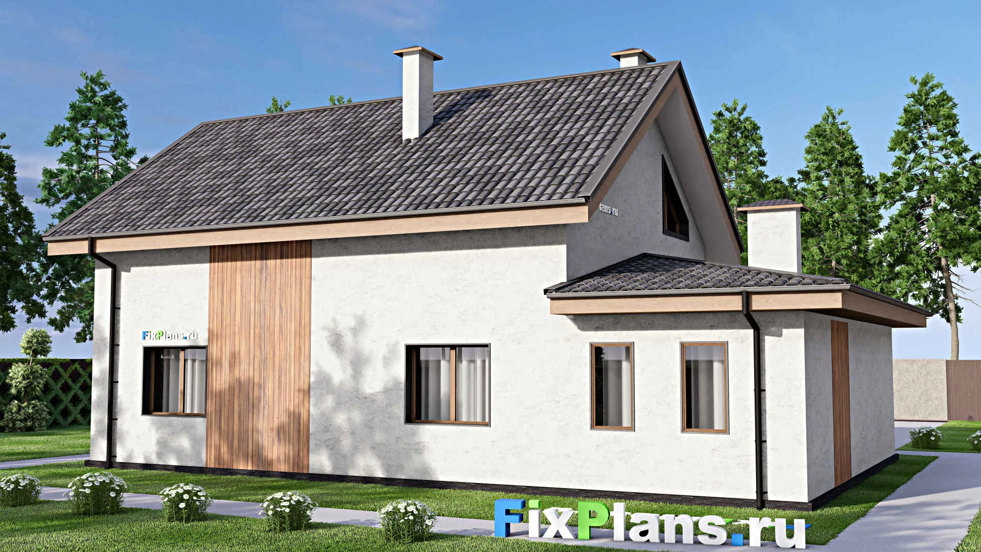 F-12851 - Проект дома с мансардой 10 на 16, площадью 180 м² с гаражом на 1 машину и 4 спальнями