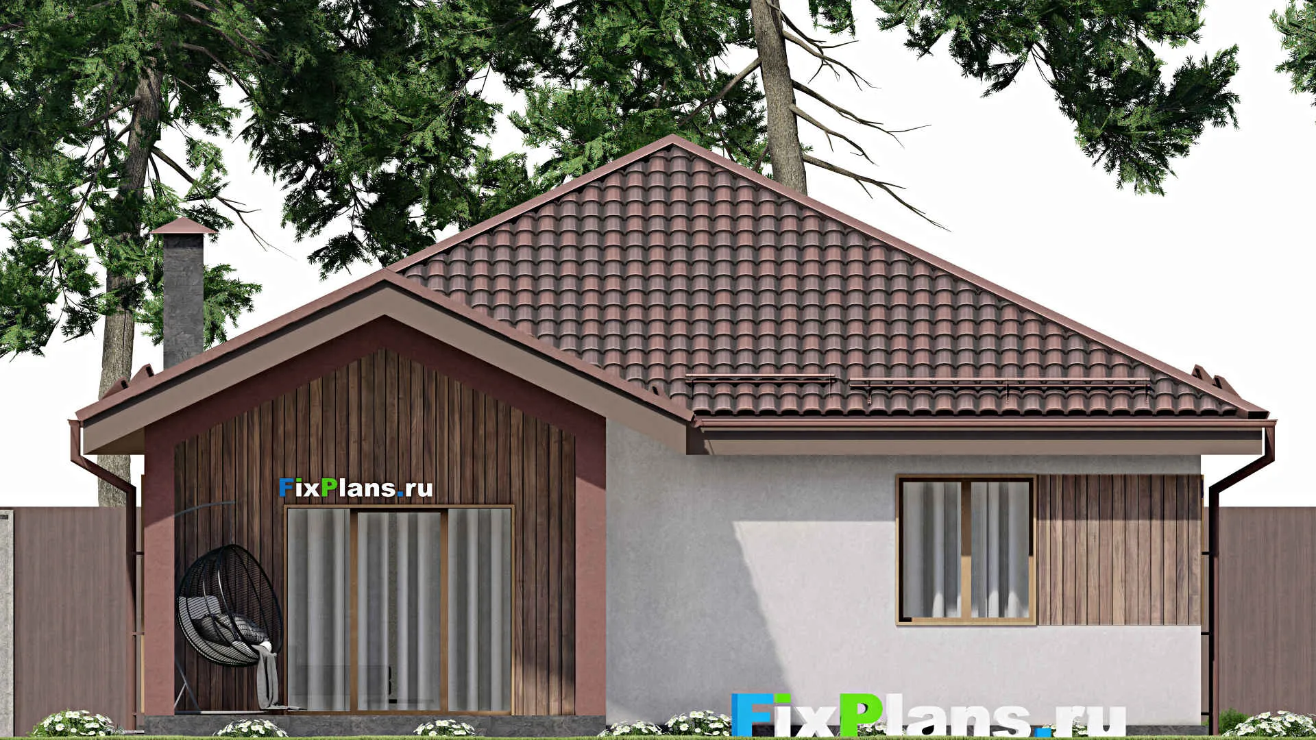 F-7415 - Проект одноэтажного дома 11 на 11, площадью 100 м² с террасой и 2 спальнями