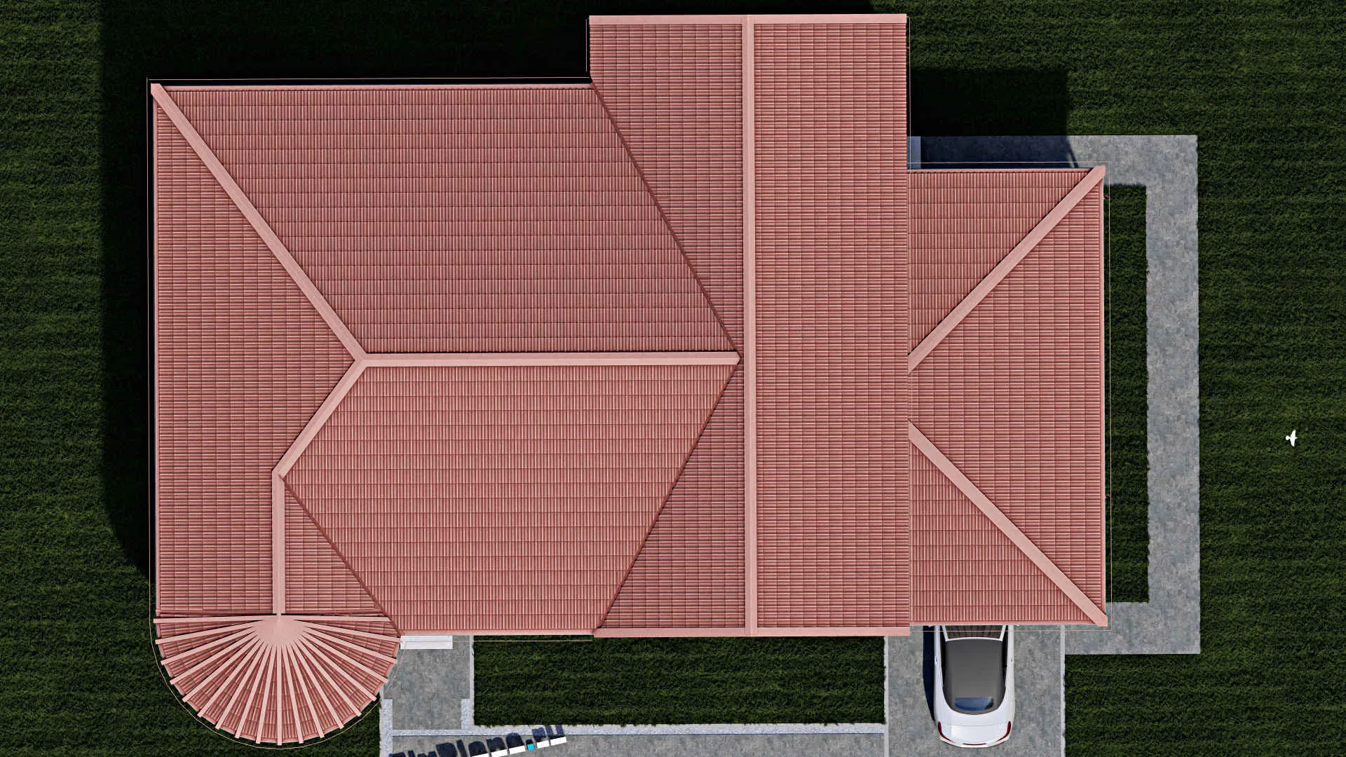 F-0539 - Проект одноэтажного дома 14 на 21, площадью 200 м² с террасой, гаражом на 1 машину и 3 спальнями