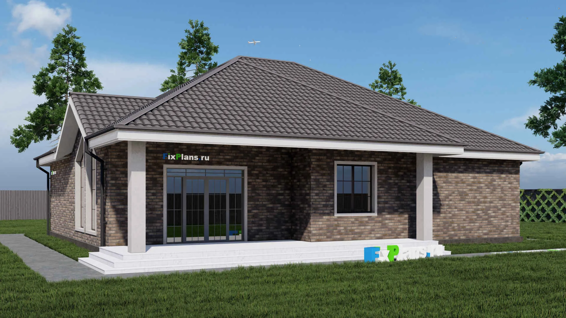 F-0683 - Проект одноэтажного дома 14 на 16, площадью 190 м² с террасой и 3 спальнями