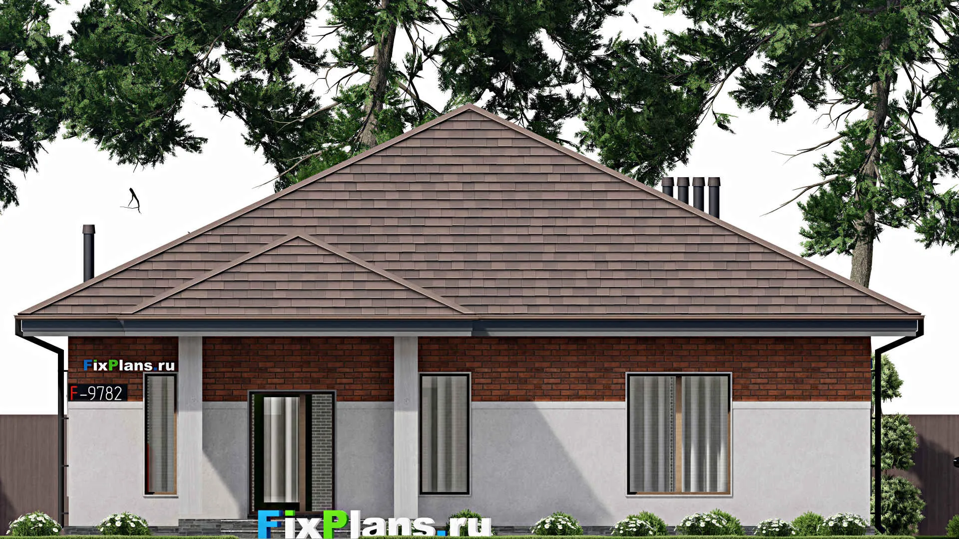 F-9782 - Проект одноэтажного дома 14 на 17, площадью 170 м² с террасой и 3 спальнями