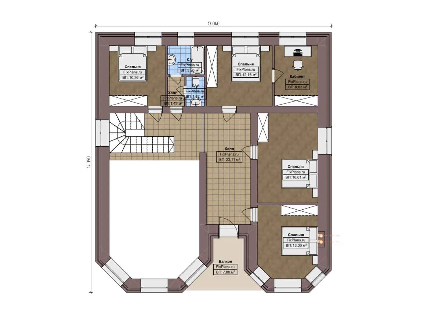 F-6515 - Планы двухэтажного дома 14 на 15, площадью 230 м² с балконом и 6 спальнями