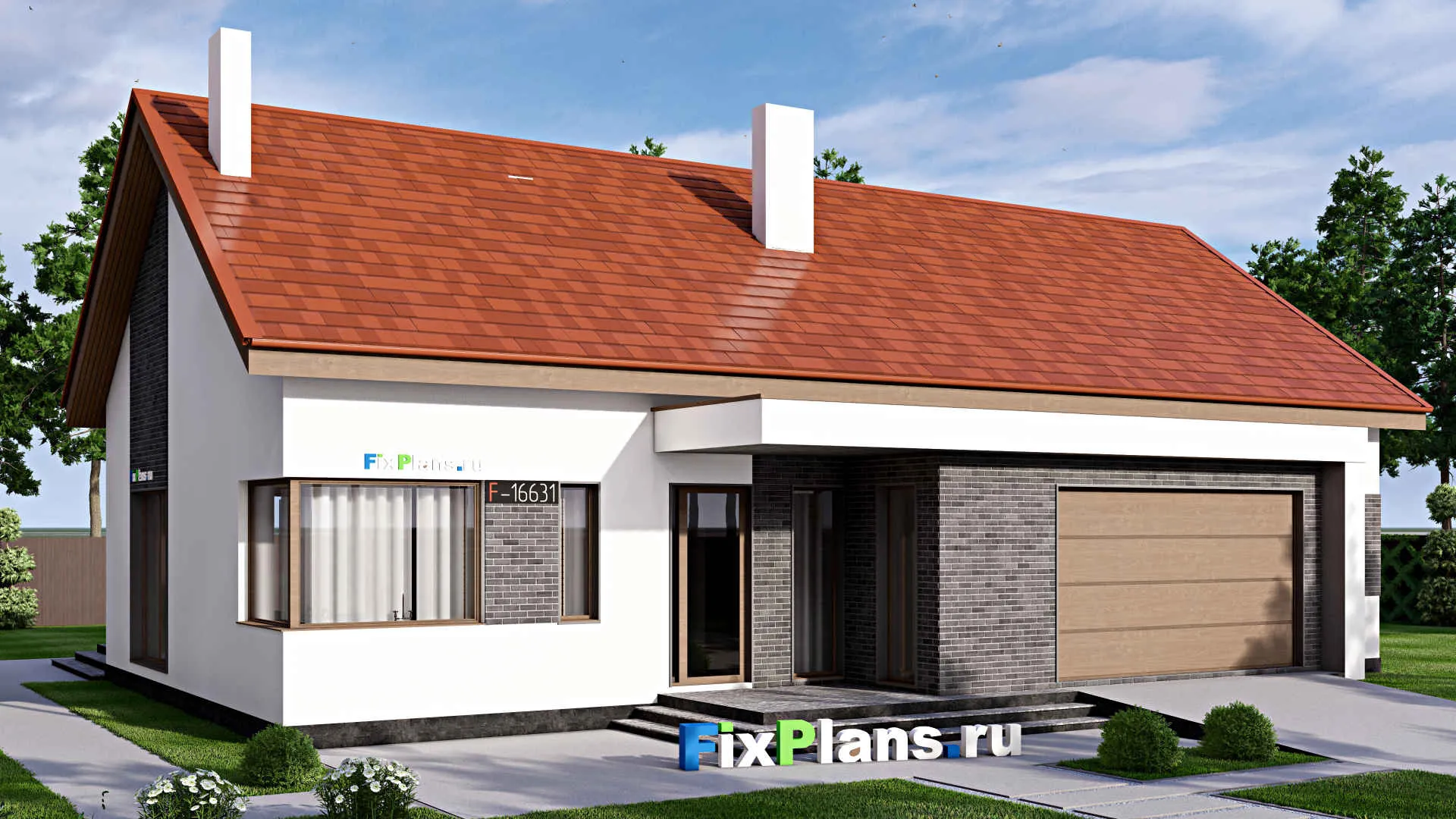 F-16631 - Проект одноэтажного дома 17 на 20, площадью 370 м² с террасой, гаражом на 2 машины и 3 спальнями